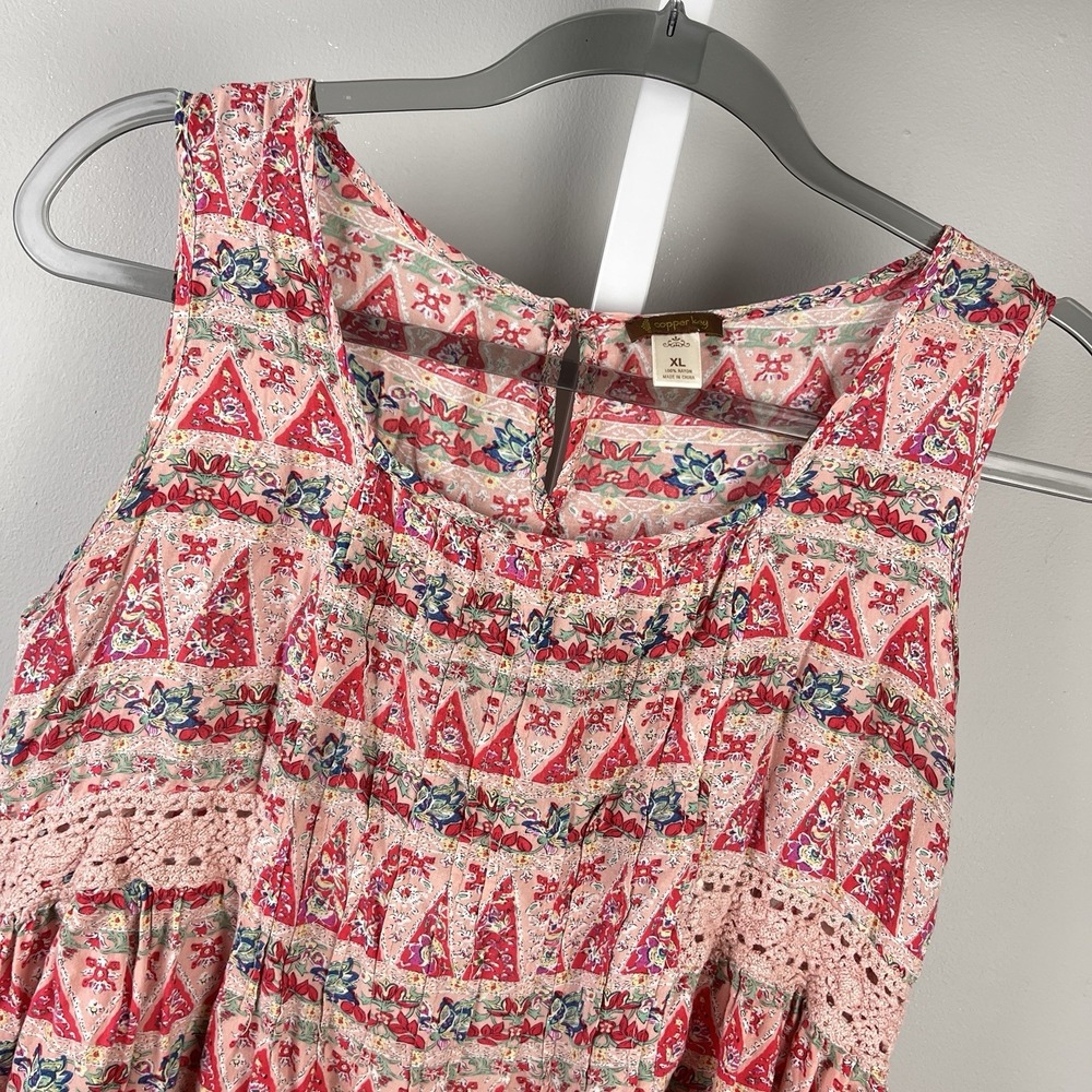 Copper Key Peplum Top Womens XL Pink Boho Festival Sleeveless Floral Rayon